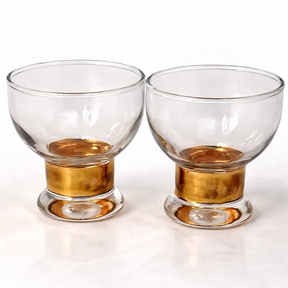 Vintage Amber Glass Dessert Cups Gold Base Set of 2 Footed Bowls MCM